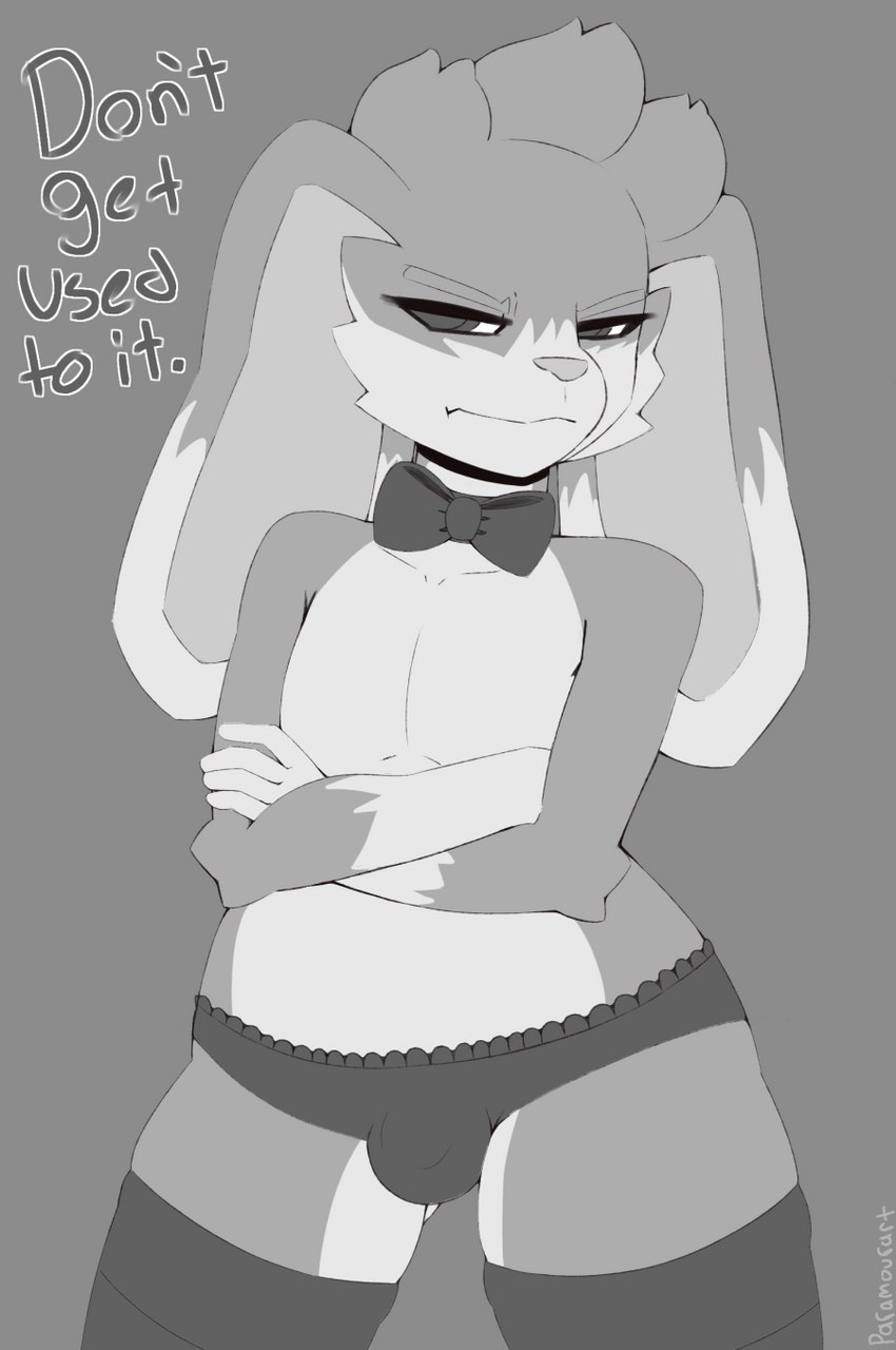 anthro big_ears bow_tie bulge clothed clothing crossed_arms femboy frilly frilly_clothing frilly_panties frilly_underwear legwear lingerie male panties pouty solo thick_thighs thigh_highs topless topless_male underwear paramour_(artist) lagomorph leporid mammal rabbit greyscale hi_res monochrome