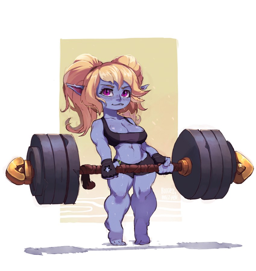 athletic_wear barefoot blonde_hair blue_body blue_skin blush bodily_fluids bottomwear breasts clothing crop_top deadlift exercise feet female fingerless_gloves gloves gym_bottomwear gym_shorts hair handwear humanoid_pointy_ears looking_at_viewer midriff muscular muscular_female muscular_humanoid nipple_slip pigtails pointy_ears pupils purple_eyes shirt short_stack shorts simple_background slit_pupils small_breasts solo sweat sweatdrop topwear weightlifting weights workout kollerss maiz-ken league_of_legends riot_games tencent poppy_(lol) humanoid yordle hi_res