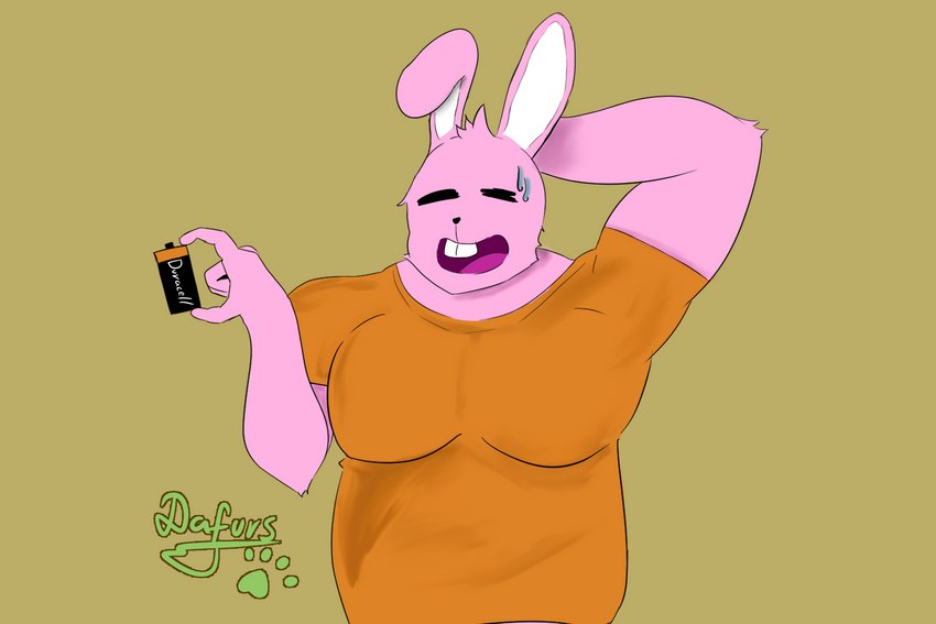 battery bodily_fluids clothed clothing eyes_closed fur hand_behind_head male moobs pink_body pink_fur short_fur simple_background slightly_chubby solo sweat sweatdrop dafurs duracell duracell_bunny lagomorph leporid mammal rabbit 3:2 hi_res