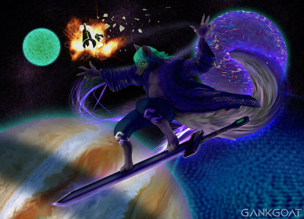 clothing explosion fluffy fluffy_tail long_nails magic melee_weapon painting planet ring robe solo space splash_art sword tail weapon gankgoat leaf_(character) canid canine canis coyote mammal absurd_res hi_res