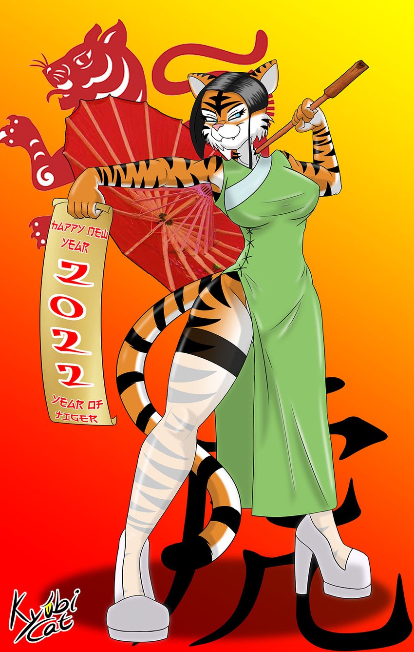 anthro asian_clothing black_hair blue_eyes chinese chinese_clothing chinese_dress clothed clothing dress east_asian_clothing female footwear hair high_heels holidays looking_at_viewer shoes simple_background solo stripes kyubicat chinese_new_year chinese_zodiac new_year year_of_the_tiger felid feline mammal pantherine tiger 2022 digital_media_(artwork) hi_res