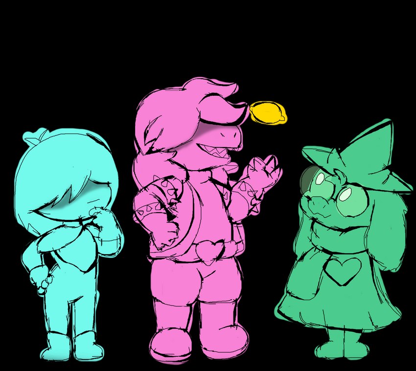 anthro clothed clothing eyewear female food fruit glasses group lemon male plant standing fuzefurry deltarune undertale_(series) kris_(deltarune) ralsei susie_(deltarune) bovid caprine goat human lizard mammal reptile scalie absurd_res alpha_channel hi_res