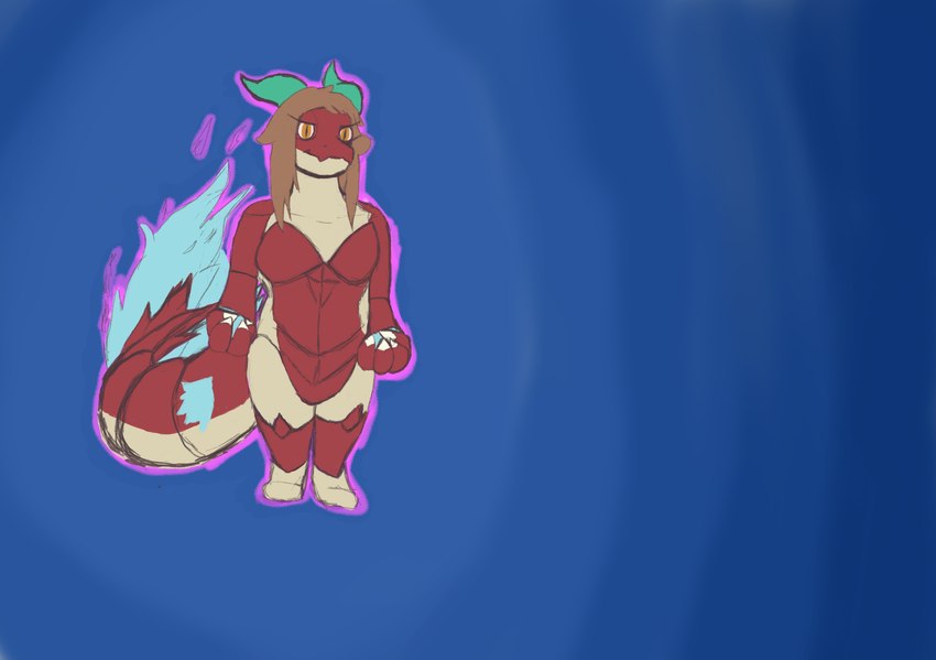 anthro burning female fire fist horn simple_background solo tail ails mythology arthropod crustacean dragon malacostracan mantis_shrimp marine mythological_creature mythological_scalie scalie shrimp hi_res