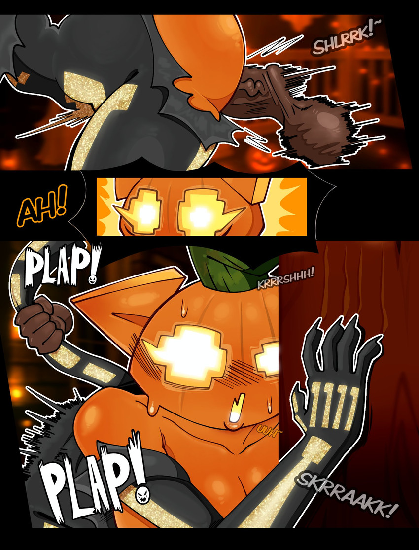 ambiguous_penetration anthro balls big_breasts big_butt black_border blush blush_lines bodily_fluids bodysuit border breasts butt clothing disembodied_hand disembodied_penis empty_eyes exposed_breasts eyelashes female food for_a_head fruit genitals grey_bodysuit grey_clothing grey_skinsuit huge_butt jack-o'-lantern male male/female open_mouth orange_body penetration penis plant pumpkin sex skeleton_costume skinsuit solo sweat sweatdrop tail tail_grab text thick_thighs tight_clothing torn_bodysuit wide_hips yellow_eyes gallo_wazavi epic_games fortnite spice_(fortnite) domestic_cat felid feline felis mammal object_head hi_res