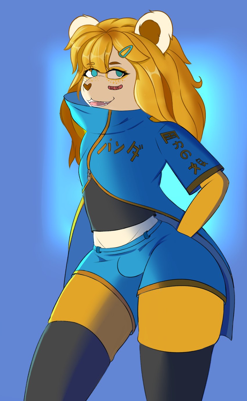 anthro bandage bandage_on_face blonde_hair clothing coat femboy freckles hair long_hair male solo streetwear topwear kamille_(artist) kamille_dubois bear giant_panda mammal ursine hi_res