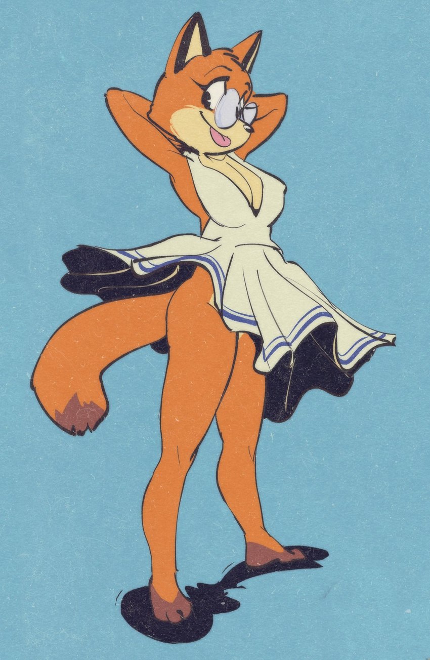 anthro barefoot blue_background bottomless breasts cleavage clothed clothing clothing_lift dipstick_tail dress dress_lift dress_only eyewear feet female glasses markings no_underwear simple_background solo sundress tail tail_markings tongue tongue_out edtropolis melanie_(edtropolis) canid canine fox mammal 2022 hi_res