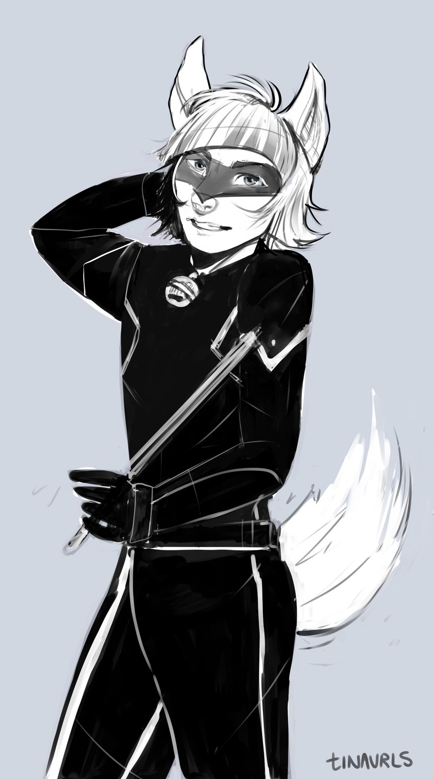 anthro bell bell_collar bodysuit clothing collar cosplay eyemask eyewear grey_background latex male mask simple_background skinsuit solo tight_clothing weapon tinavrls miraculous_ladybug cat_noir fuyu_graycen hybrid 2019 absurd_res digital_media_(artwork) greyscale hi_res monochrome signature