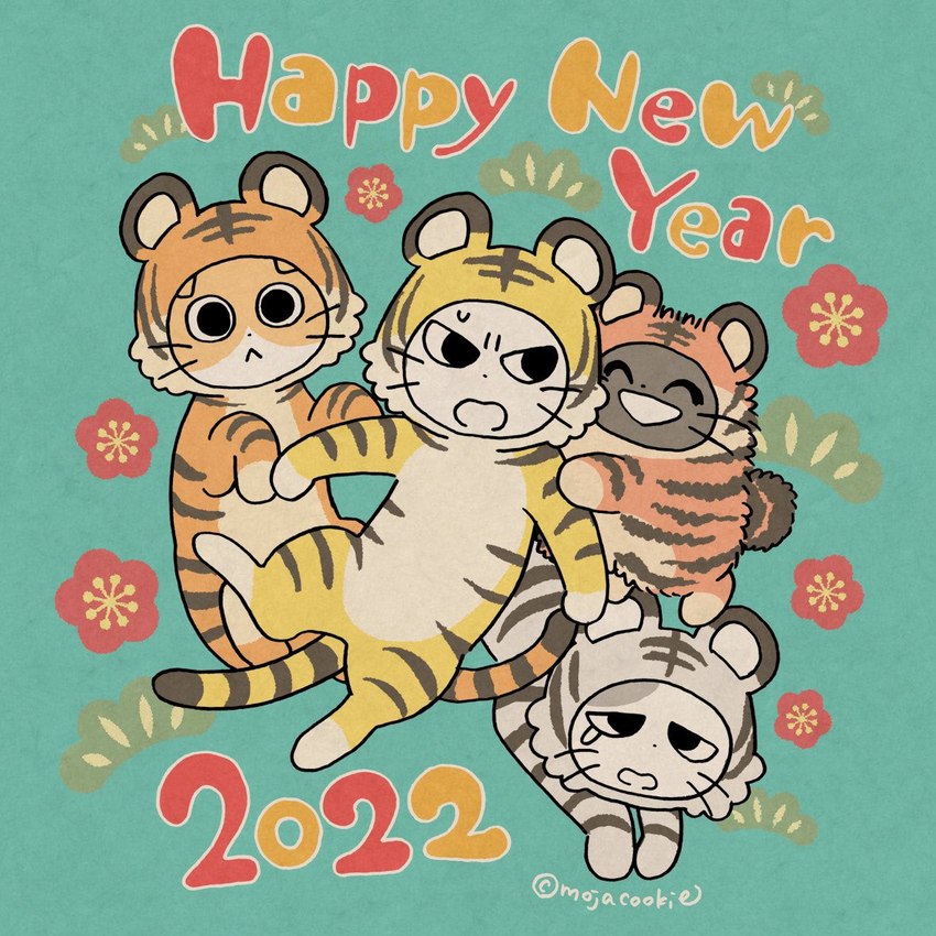 ambiguous_gender clothed clothed_feral clothing feral group holidays text mojacookie chinese_zodiac new_year shikaruneko_(series) year_of_the_tiger amayakasuneko nagameruneko shikaruneko domestic_cat felid feline felis mammal 1:1 english_text official_art