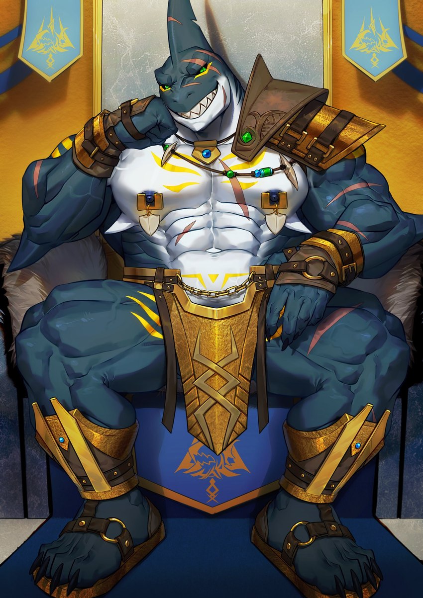 abs anthro arm_scar armor banner biceps black_sclera blue_body blue_carpet blue_nipples blue_scales breechcloth chair chest_markings chest_scar claws clothing facial_scar finger_claws footwear furniture gold_(metal) gold_armor green_eyes jewelry leg_markings leg_scar male markings muscular muscular_anthro muscular_male muscular_thighs navel necklace nipple_piercing nipples obliques pecs piercing sandals scales scar shin_guards shoes shoulder_guards solo thigh_markings thigh_scar throne throne_room toe_claws white_body white_scales wrist_guards yellow_markings yellow_wall li_geduld alvintanubis dylan_(alvintanubis) fish marine shark 2022 hi_res