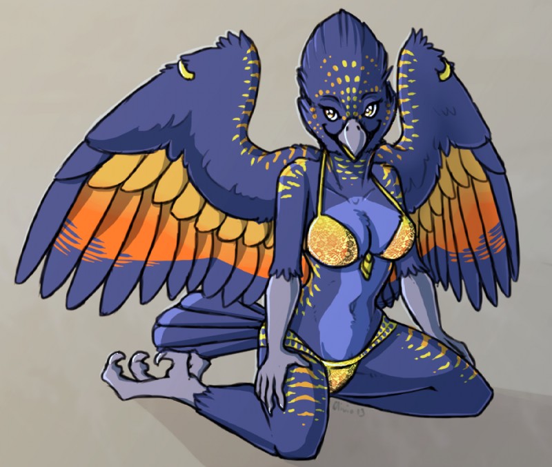 4_toes anthro avian_feet beak bikini biped breasts cleavage clothed clothing feathered_wings feathers feet female furgonomics furry-specific_piercing kneeling looking_at_viewer navel non-mammal_breasts piercing pose royalty skimpy solo spread_wings swimwear tight_clothing toes two-piece_swimsuit wing_piercing wings zygodactyl royalty_(artist) anila avian bird black_cockatoo cockatoo parrot red-tailed_black_cockatoo 2013 pinup