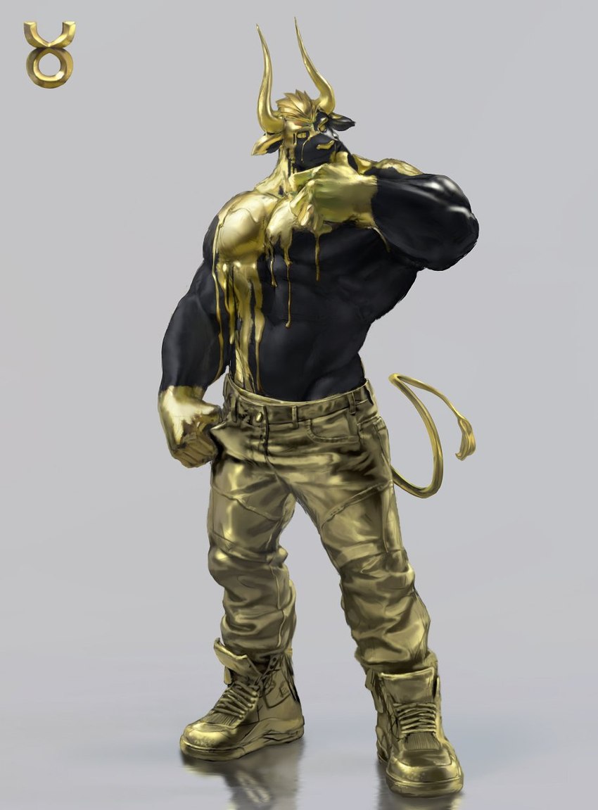 2_horns abs anthro astrological_symbol blonde_hair clothed clothing footwear gold_paint gold_pants gold_shoes hair horn male muscular muscular_anthro muscular_arms muscular_male navel paint_on_body pecs shoes sneakers solo symbol tail tail_tuft taurus_(symbol) topless tuft western_zodiac_symbol yellow_eyes yellow_horn yellow_sclera uleezoo bovid bovine cattle mammal 2017 hi_res