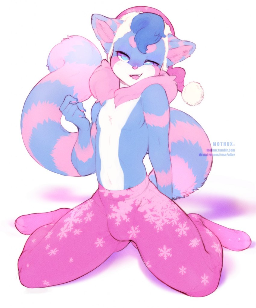 anthro blue_and_pink blue_body blue_eyes blue_fur blue_hair bottomwear bulge christmas_clothing christmas_headwear clothed clothing femboy fur hair hat headgear headwear highlights_(coloring) holidays looking_at_viewer male markings neck_tuft neckfluff pants pink_bottomwear pink_clothing pink_highlights pink_nose pink_pants ring_(marking) ringed_tail santa_hat sitting solo striped_markings striped_tail stripes tail tail_markings text topless tuft mothux christmas domestic_cat felid feline felis mammal hi_res url