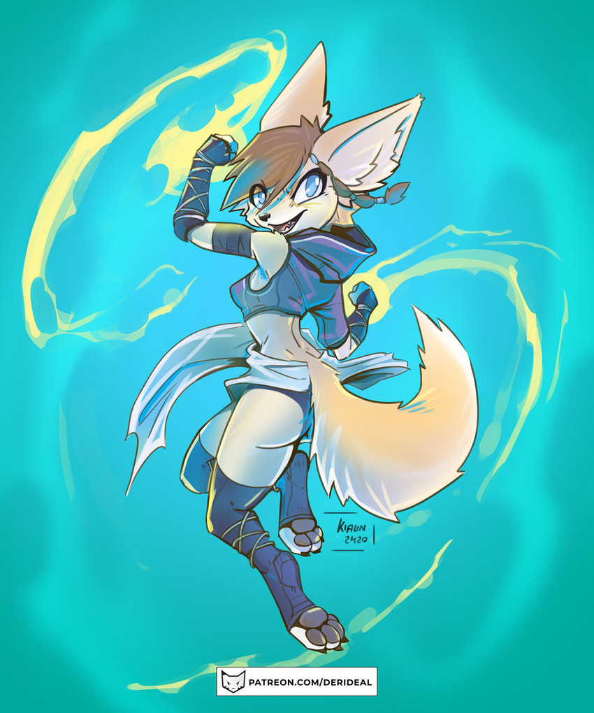 anthro blue_eyes butt butt_pose clothed clothing female magic_user monk open_mouth pawpads paws pose rogue solo warrior kiaun samandi_(post_quest) semandi canid canine fennec_fox fox mammal true_fox 5:6 digital_media_(artwork) hi_res shaded