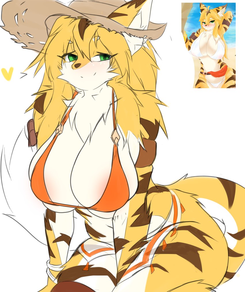 anthro big_breasts big_butt blush bottomwear bra breasts butt clothed clothing devious_grin female fur green_eyes hair hat headgear headwear heart_symbol kemono looking_away markings neck_tuft nipples skirt smile smug smug_grin solo striped_markings striped_tail stripes tail tail_markings text thick_thighs tiger_tail topwear tuft underwear white_body white_fur yellow_body yellow_fur aleak_r conditional_dnp cygames world_flipper mia_(world_flipper) felid mammal pantherine tiger absurd_res digital_media_(artwork) hi_res