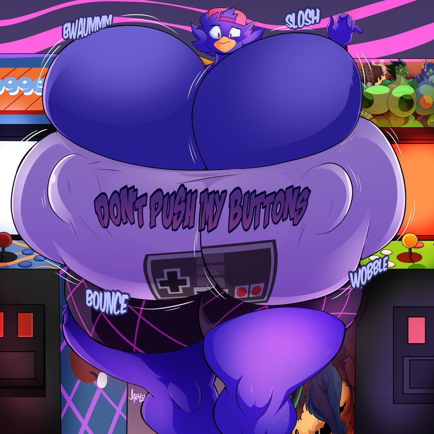 anthro arcade arcade_machine backwards_hat big_breasts blue_body bottomwear breasts clothing female hat headgear headwear huge_breasts huge_hips huge_thighs hyper hyper_breasts non-mammal_breasts onomatopoeia orange_eyes shirt shorts solo sound_effects text text_on_clothing text_on_shirt text_on_topwear thick_thighs topwear wide_hips jaeh nintendo nintendo_entertainment_system busty_bird avian bird corvid corvus_(genus) crow oscine passerine 1:1 2023 absurd_res english_text hi_res