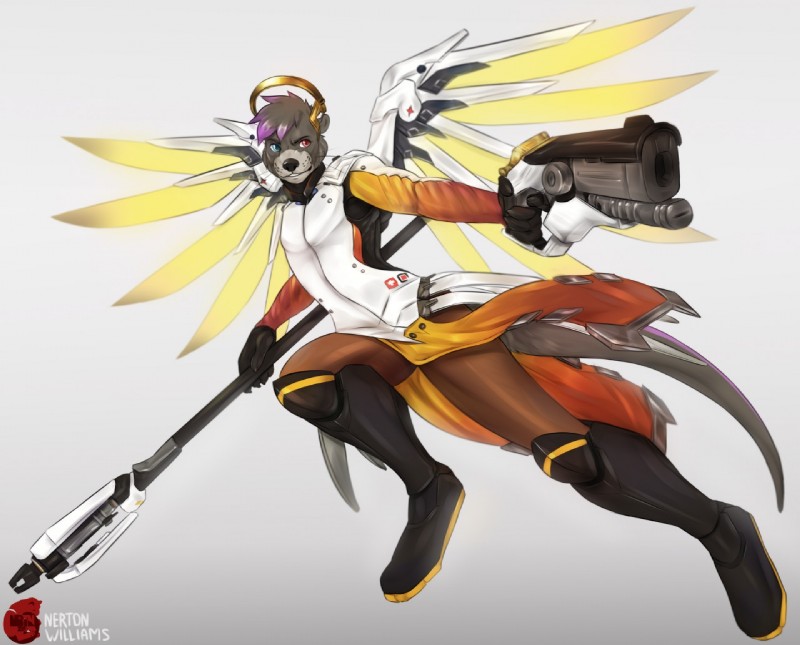 5_fingers anthro clothed clothing cosplay energy_wings fingers fur grey_body grey_fur gun heterochromia holding_gun holding_object holding_ranged_weapon holding_weapon male ranged_weapon simple_background solo unusual_anatomy unusual_wings weapon white_background wings nerton blizzard_entertainment overwatch mercy_(overwatch) mammal mustelid otter