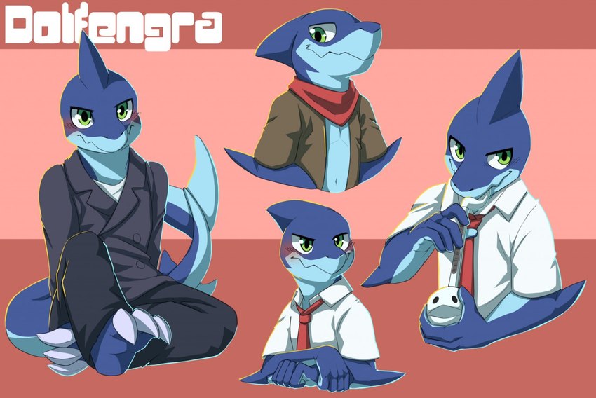 anthro blue_body blush bottomwear clothed clothing glistening glistening_eyes green_eyes male mouth_closed necktie otamatone pants playing_music red_necktie simple_background sitting solo topwear white_clothing white_topwear kuttoyaki dolfengra fish marine shark