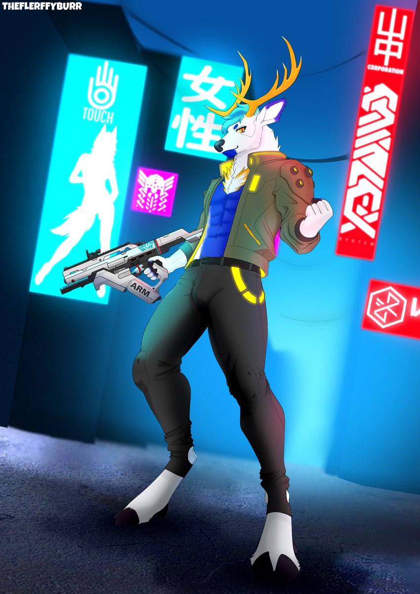 anthro blue_hair bottomwear building city clothed clothing cyberpunk dutch_angle fur glowing gun hair holding_gun holding_object holding_ranged_weapon holding_weapon hooves jacket looking_at_viewer male neon no_shirt outside pants power_lines ranged_weapon sign sky smile solo submachine_gun text topwear weapon white_body white_fur yellow_eyes theflerffyburr deer mammal absurd_res digital_media_(artwork) english_text hi_res