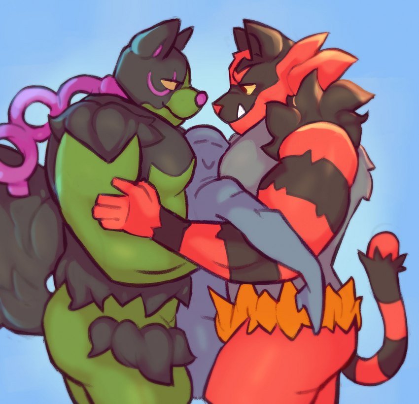 anthro eye_contact fangs hand_on_arm holding_another looking_at_another male male/male muscular muscular_anthro muscular_male nude pecs smile squish tail teeth toxic_chain gol1ath nintendo pokemon canid felid generation_7_pokemon generation_9_pokemon incineroar legendary_pokemon mammal okidogi pokemon_(species) 2023 hi_res