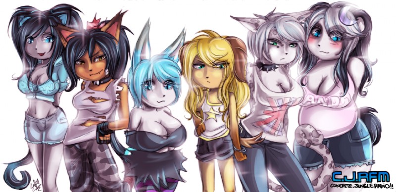 anthro big_breasts blue_eyes blush breasts cleavage clothed clothing female group pupils skimpy slightly_chubby slit_pupils star tail young young_anthro darklitria cjrfm chrissy_the_snowleopard luna_paws nicky_the_rabbit roxie_pepper saf_the_lynx toni_the_kitten bear canid canine canis domestic_cat domestic_dog felid feline felis giant_panda lagomorph leporid mammal rabbit