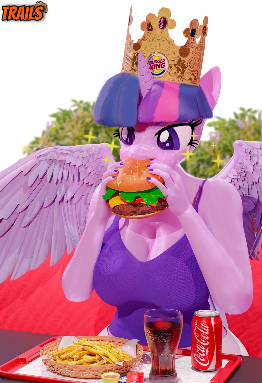 anthro anthrofied breasts burger cleavage clothed clothing crown eating female food fries hair headgear horn purple_eyes purple_hair solo sparkles wings trailssfm burger_king coca-cola friendship_is_magic hasbro my_little_pony mythology twilight_sparkle_(mlp) equid equine mammal mythological_creature mythological_equine winged_unicorn 3d_(artwork) absurd_res digital_media_(artwork) hi_res