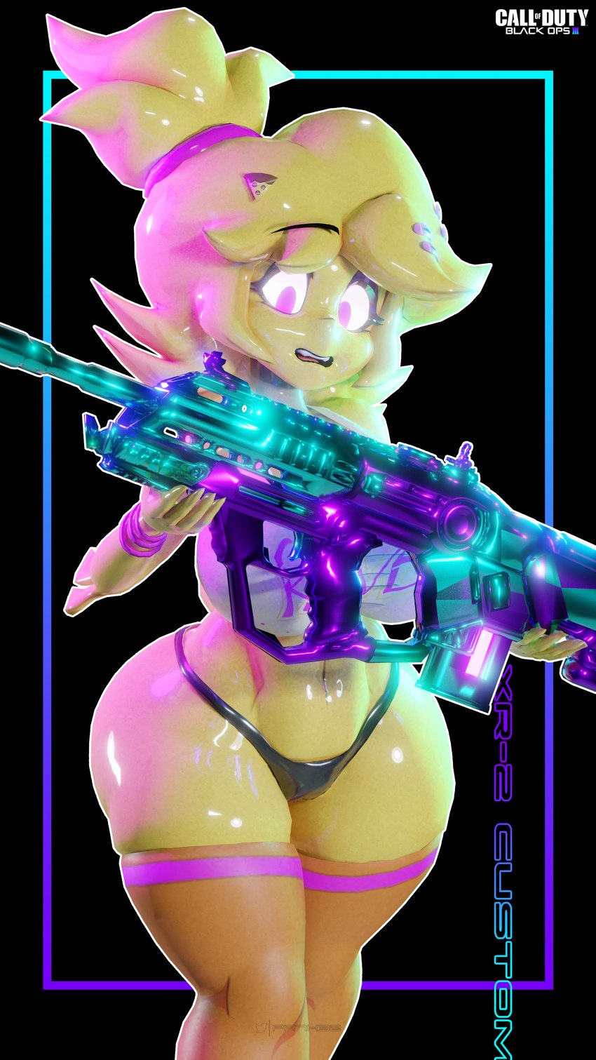 anthro big_breasts black_background black_clothing black_thong black_underwear blonde_hair border breasts clothing female gradient_border gun hair holding_object holding_weapon large_weapon legwear logo open_mouth orange_clothing orange_legwear orange_stockings purple_eyes ranged_weapon rifle scared shirt simple_background solo stockings text thong topwear underwear weapon white_clothing white_shirt white_topwear yellow_body sheeple3d cryptiacurves_(modeler) activision call_of_duty call_of_duty:_black_ops_iii five_nights_at_freddy's fredina's_nightclub scottgames chica_(fnaf) chiku_(cryptiacurves) avian bird chicken galliform gallus_(genus) phasianid 2022 3d_(artwork) 4k 9:16 absurd_res digital_media_(artwork) english_text hi_res