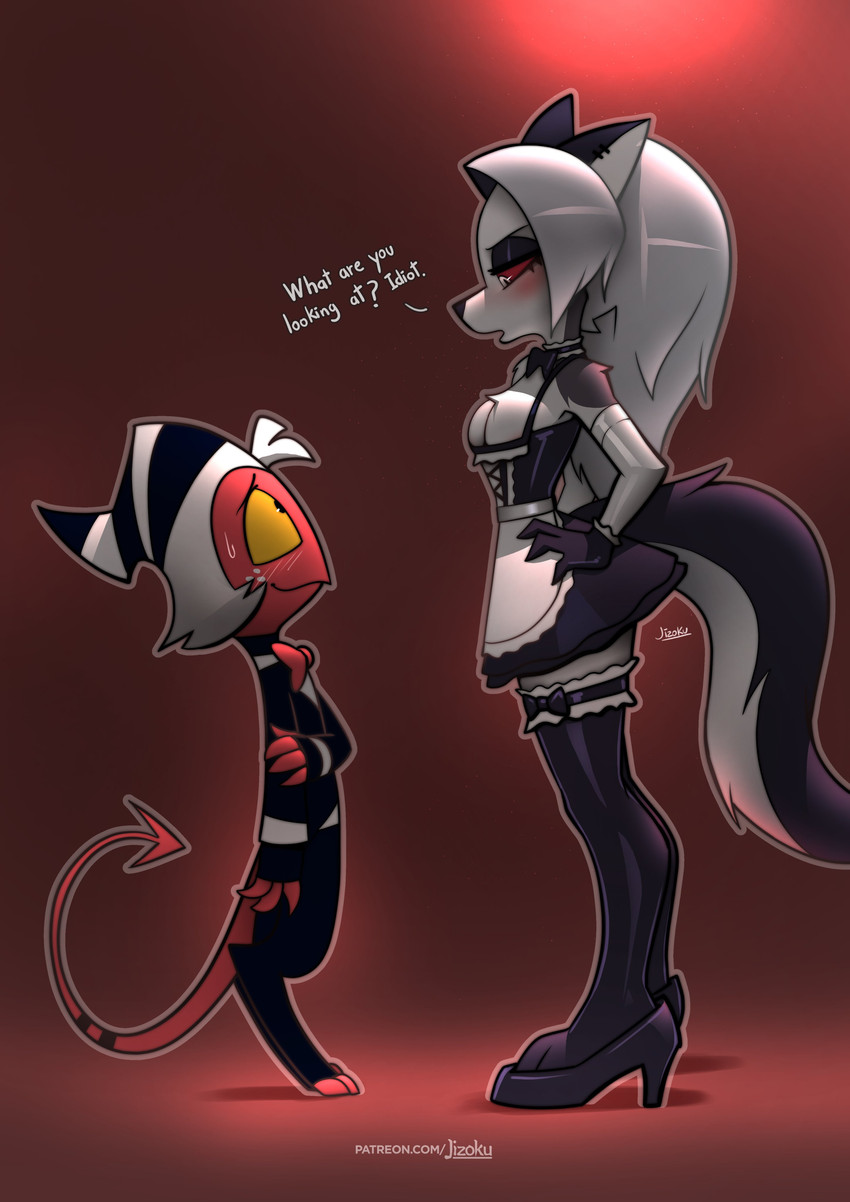 anthro areola areola_slip armwear biped black_clothing black_footwear black_gloves black_handwear black_high_heels black_legwear black_stockings black_thigh_highs blush bow_tie breasts clothed clothing dialogue duo ear_piercing ear_ring female footwear fur gloves grey_body grey_fur hair handwear high_heels horn larger_anthro larger_female legwear maid_uniform male medium_breasts multicolored_body multicolored_fur piercing red_background red_body red_bow_tie red_sclera ring_piercing shoes simple_background size_difference smaller_humanoid smaller_male spade_tail stockings suit tail text thigh_highs two_tone_body two_tone_fur uniform white_armwear white_body white_clothing white_eyes white_fur white_hair yellow_sclera jizoku hellaverse helluva_boss mythology loona_(helluva_boss) moxxie_(helluva_boss) canid canid_demon canine demon hellhound humanoid imp mammal mythological_canine mythological_creature 2023 absurd_res english_text hi_res url