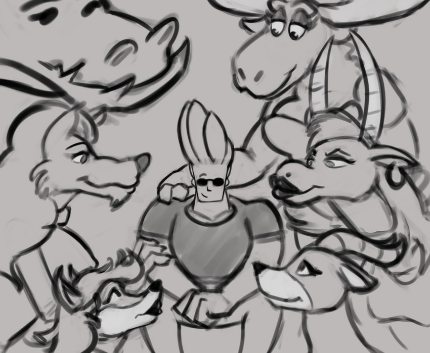 anthro eyewear female group hair horn lips long_hair male sunglasses thick_lips stupidgnoll cartoon_network johnny_bravo_(series) mythology becky_(johnny_bravo) carol_the_antelope fluffy_the_werewolf johnny_bravo mary_antelope nessie_(johnny_bravo) nurse_fox antelope bovid canid canine canis deer fox human mammal moose mythological_canine mythological_creature new_world_deer were werecanid werecanine werewolf wolf monochrome