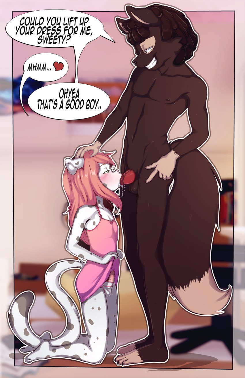 adult_on_child adult_on_young age_difference anthro anthro_on_anthro anthro_penetrated anthro_penetrating anthro_penetrating_anthro blush brown_body brown_fur clothed clothing crossdressing dialogue dreadlocks duo eyes_closed femboy fur genitals gesture good_boy hair kneeling male male/male male_penetrated male_penetrating male_penetrating_male markings nude oral oral_penetration penetration penile_spines penis pink_hair raised_clothing sex size_difference smaller_male smaller_penetrated smile speech_bubble spots spotted_body text underwear white_body white_fur young young_anthro sicmop lei_long canid canine felid feline mammal english_text hi_res