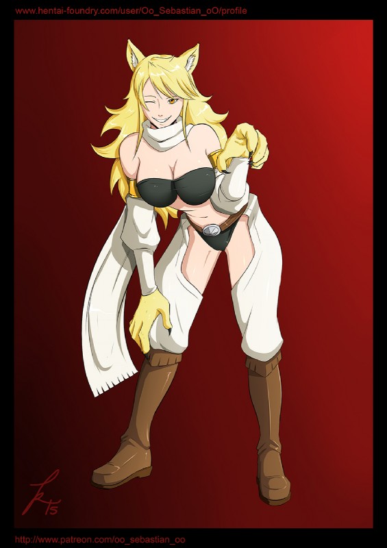 big_breasts blonde_hair breasts clothed clothing female hair happy laugh long_hair one_eye_closed smile solo spikes yellow_eyes oo_sebastian_oo akame_ga_kill! leona_pinup animal_humanoid felid felid_humanoid humanoid lion lion_humanoid mammal mammal_humanoid pantherine pantherine_humanoid hi_res