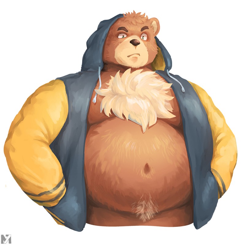 anthro belly bottomless brown_body brown_fur clothed clothing fur hoodie male moobs navel overweight overweight_anthro overweight_male simple_background solo topwear white_background m7 bear mammal 1:1 2019