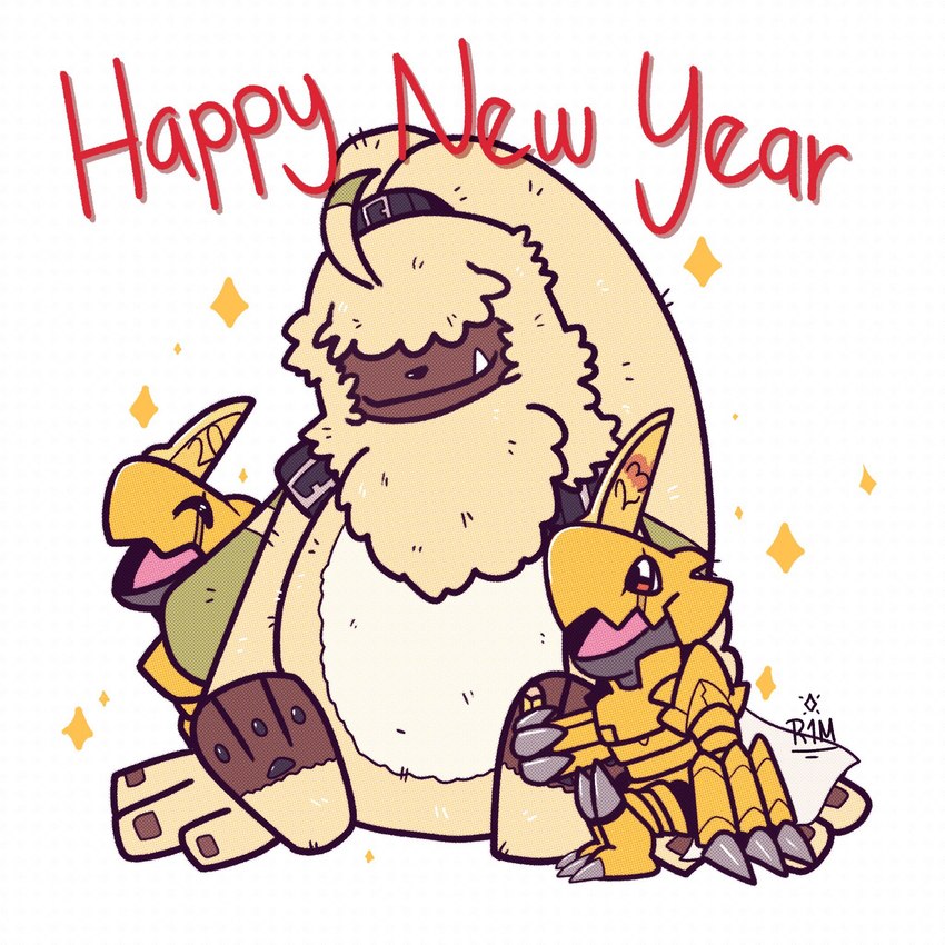 anthro fur group hair hair_over_eyes holidays long_ears male ponytail_ears sitting text trio yellow_body yellow_fur ridgeone1 bandai_namco chinese_zodiac digimon digimon_ghost_game new_year year_of_the_rabbit angoramon digimon_(species) lagomorph leporid mammal rabbit zubamon 1:1 english_text hi_res