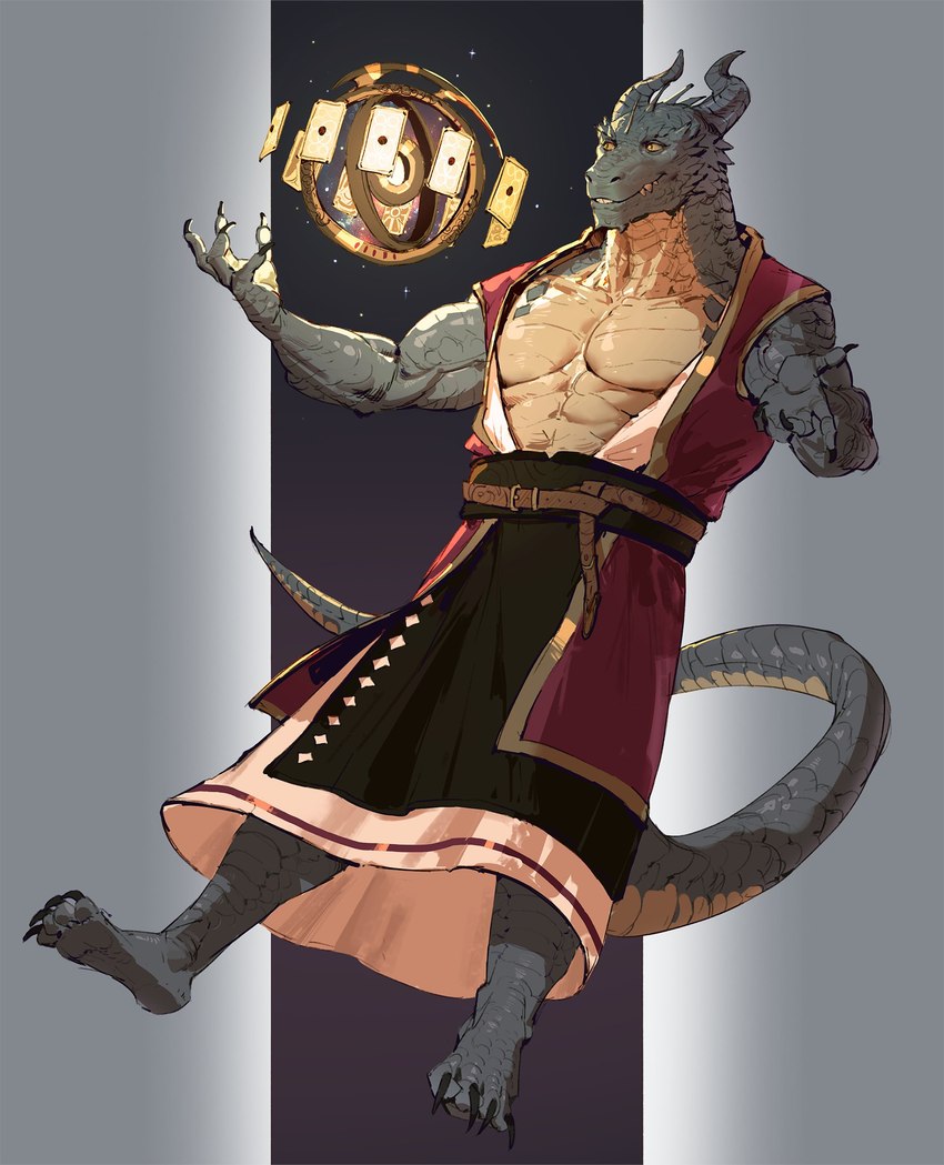 5_fingers abs anthro belt claws clothed clothing fingers horn kemono magic_user male open_clothing open_robe pecs robe smile solo tail pacelic dungeons_and_dragons hasbro wizards_of_the_coast dragonborn_(dnd) scalie hi_res