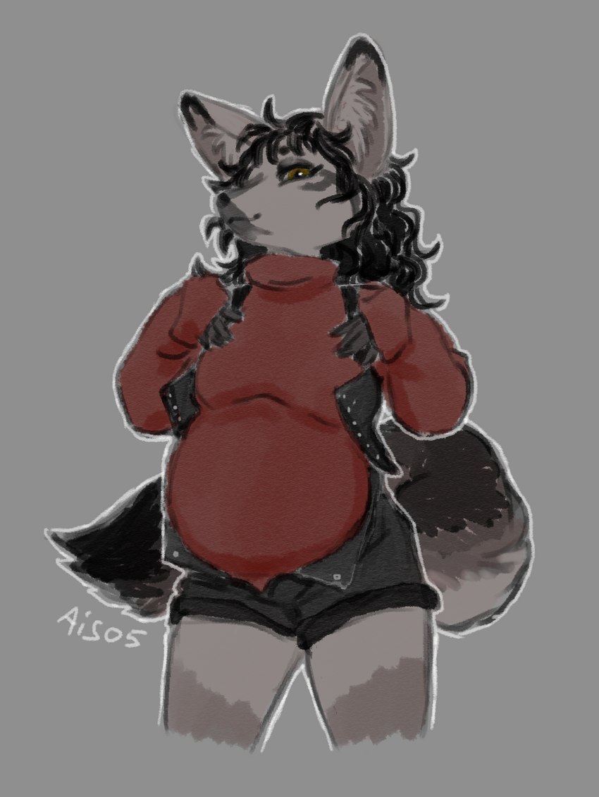 anthro belly big_belly black_nose bottomwear breasts clothed clothing female hair looking_at_viewer pregnant pregnant_anthro pregnant_female simple_background smile solo topwear ais05 paledrake helena_(paledrake) bat-eared_fox canid canine fox mammal 2022 digital_media_(artwork)