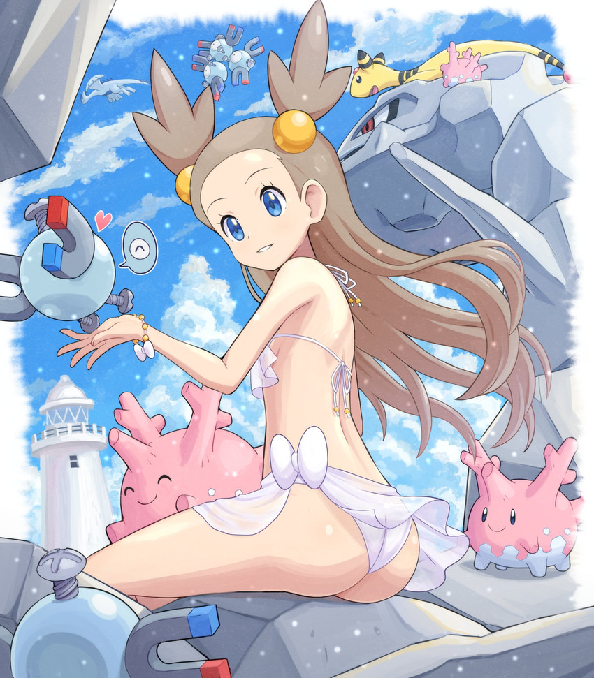 bikini blue_eyes bottomwear brown_hair butt clothed clothing cloud female fur grey_body grey_skin gym_leader hair human_focus lighthouse long_hair outside pink_body pink_skin red_eyes skirt sky swimwear two-piece_swimsuit yellow_body yellow_fur pokemoa nintendo pokemon jasmine_(pokemon) ampharos corsola generation_1_pokemon generation_2_pokemon human legendary_pokemon lugia magnemite magneton mammal pokemon_(species) steelix absurd_res digital_media_(artwork) hi_res shaded