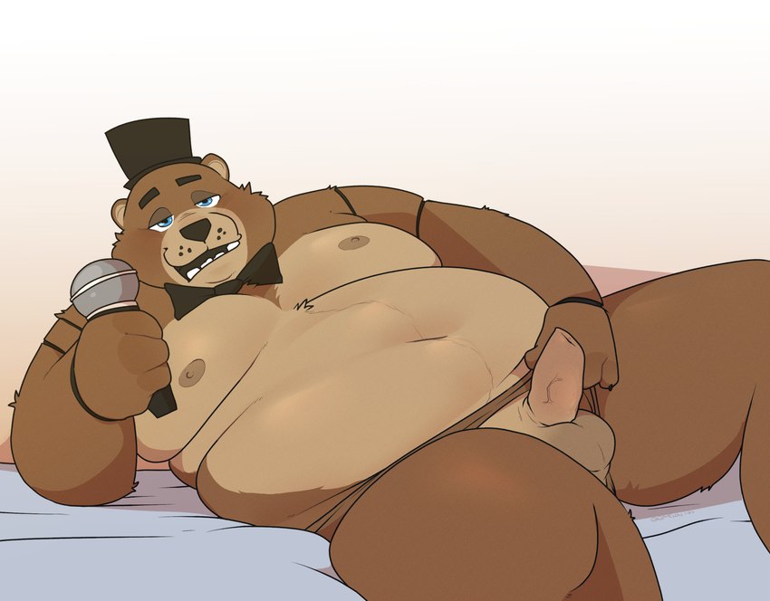 anthro balls belly big_belly black_nose blue_eyes bow_tie brown_body clothing electronics erection genitals hat headgear headwear kemono male microphone moobs navel nipples obese overweight overweight_male penis solo qqmelon888 five_nights_at_freddy's scottgames freddy_(fnaf) bear mammal 2023 absurd_res hi_res