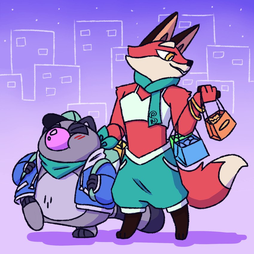 anthro blowing_bubble_gum blush bubble bubble_gum candy clothing crop_top dessert duo food gum hoodie inflating male male/male scarf shirt topwear shapeshiftinterest cartoon_network mao_mao:_heroes_of_pure_heart reggie_(mao_mao) rufus_(mao_mao) canid canine fox mammal procyonid raccoon 1:1 hi_res