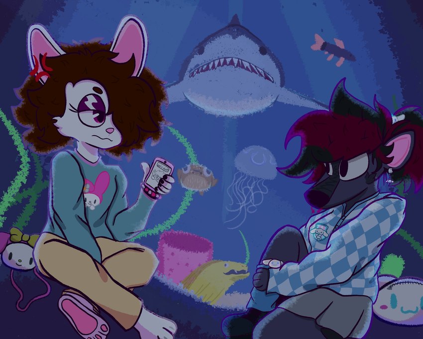 angry anthro aquarium clothed clothed_anthro clothing date duo feet female fur glistening_eyelids hair lgbt_pride pajamas relaxing smile tail vivarium beanblossom cinnamoroll hello_kitty_(series) sanrio ellie_(beanblossom) afrosoricid fish mammal marine murid murine rat rodent shark tenrec digital_media_(artwork) hi_res trans_(lore) trans_woman_(lore)