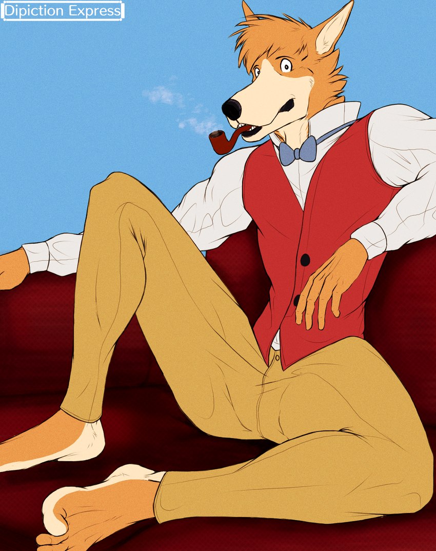 anthro barefoot bottomwear bow_tie clothing collared_shirt curling_toes dress_shirt feet formal_clothing fur furniture looking_at_viewer male orange_body orange_fur pants perspective relaxing shirt shoes_removed simple_background smoke smoking smoking_pipe smoking_smoking_pipe sofa solo spread_legs spreading suit tan_body tan_fur toes topwear depictionexpress sherlock_hound canid canine canis domestic_dog mammal hi_res