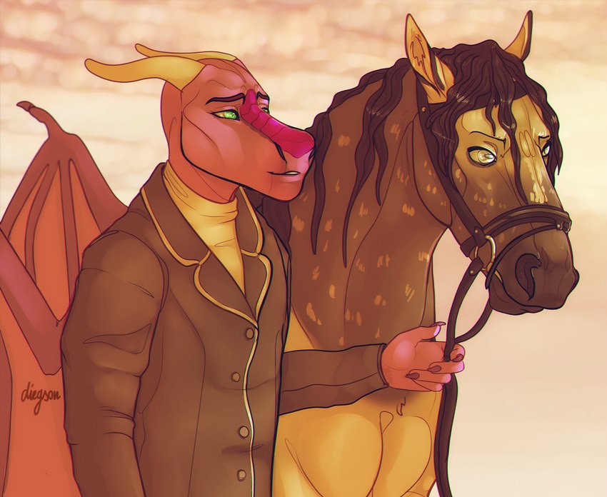 anthro bit_gag clothed clothing coat dress_shirt duo feral gag green_eyes horn leading male mane purple_body purple_wings scales shirt simple_background topwear western wings diegson european_mythology mythology nate_(nateekat) tomas_(nateekat) andalusian_horse dragon equid equine horse mammal mythological_creature mythological_scalie scalie western_dragon hi_res