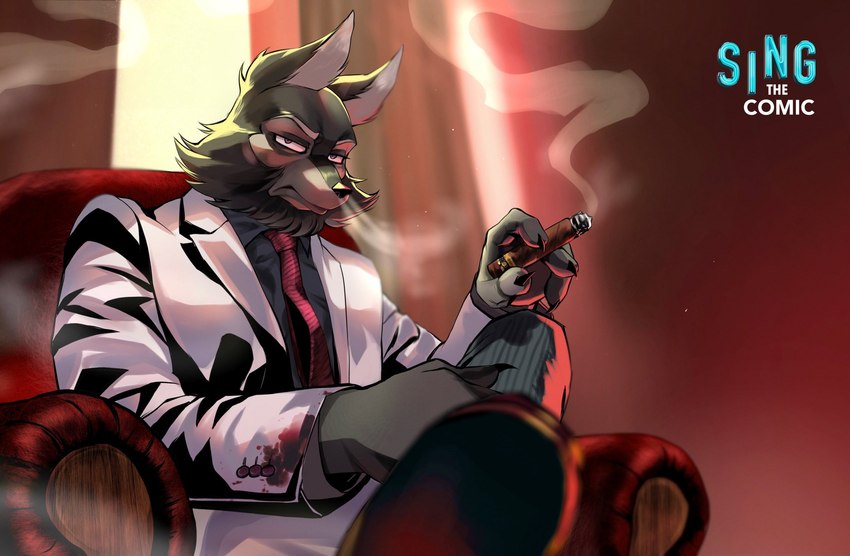 anthro black_body black_fur black_shading chair cigar clothing fur furniture logo looking_at_viewer male necktie smoke solo suit crystal_ice illumination_entertainment sing_(movie) james_crystal canid canine canis mammal wolf hi_res