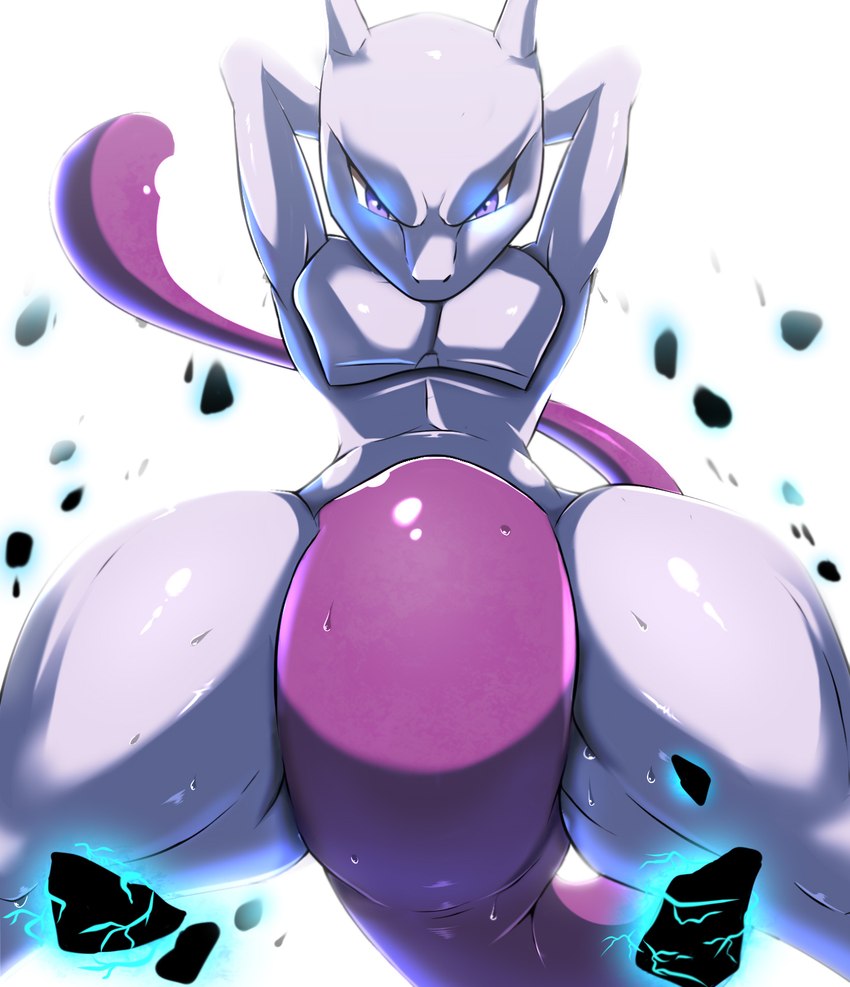 ambiguous_gender belly big_belly crotch_focus featureless_crotch glowing glowing_eyes hands_behind_head horn null purple_tail simple_background solo tail thick_tail thick_thighs white_background white_body zerrymon nintendo pokemon generation_1_pokemon legendary_pokemon mewtwo pokemon_(species) hi_res