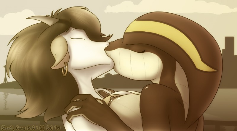 anthro anthro_on_anthro big_breasts breast_squish breasts breasts_frottage brown_body brown_hair building cloud copyright_symbol deep_kiss duo ear_piercing erect_nipples eyes_closed female female/female french_kissing fur hair horn hug interspecies kiss_on_lips kissing nipples non-mammal_breasts non-mammal_nipples outside piercing river sky skyscraper snake_hood squish symbol white_body white_fur spotty_the_cheetah grace_(spotty_the_cheetah) shandi bovid caprine goat mammal reptile scalie snake 2009 digital_media_(artwork) monochrome sepia signature