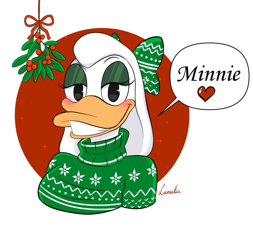 anthro beak breasts christmas_clothing christmas_sweater christmas_topwear clothing eyeliner female green_clothing green_eyeliner green_hair_bow green_sweater green_topwear grin holidays looking_at_viewer makeup mistletoe non-mammal_breasts plant smile solo speech_bubble sweater teeth toothed_beak topwear kinkypeach christmas disney mickey_mouse's_mixed-up_adventures mickey_mouse_clubhouse mickey_mouse_funhouse mickey_mouse_roadster_racers minnie's_bow-toons daisy_duck anatid anseriform avian bird duck