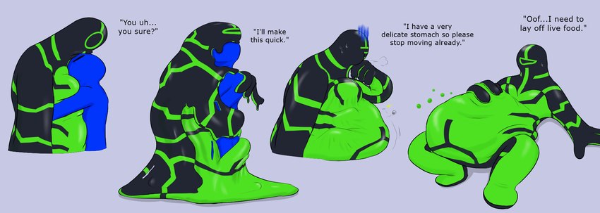 abdominal_bulge absorption_vore after_vore belly big_belly black_body digestion duo green_body hand_on_belly lying not_furry on_back simple_background soft_vore standing text vore willing_prey da~blueguy ben_10 cartoon_network baz-el_(ben_10) alien galvanic_mechamorph goo_creature humanoid 2021 english_text hi_res sequence