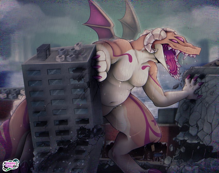 anthro destruction female grin happy macro macro_female nude smile solo spread_arms walking xpuppykittyzx mythology dragon kaiju monster mythological_creature mythological_scalie scalie