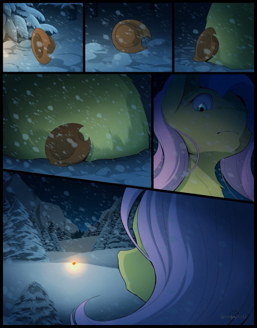 clothing eyelashes female feral hat headgear headwear macro night outside plant snow solo tree winter s2-freak friendship_is_magic hasbro my_little_pony applejack_(mlp) fluttershy_(mlp) equid mammal 2024 comic digital_media_(artwork) hi_res