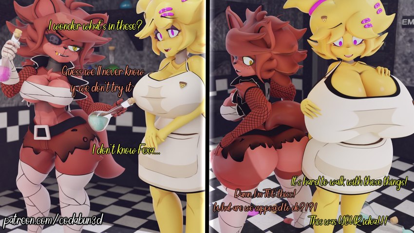 anthro big_breasts big_butt breast_expansion breasts butt butt_expansion checkered checkered_floor dialogue duo expansion eye_patch eyewear female gold_(metal) gold_tooth huge_breasts huge_butt machine pink_eyes pupils slit_pupils thick_thighs yellow_eyes codabun five_nights_at_freddy's fredina's_nightclub scottgames chica_(cally3d) chica_(fnaf) foxy_(cally3d) foxy_(fnaf) animatronic avian bird canid canine chicken fox galliform gallus_(genus) mammal phasianid robot 16:9 3d_(artwork) digital_media_(artwork) hi_res widescreen