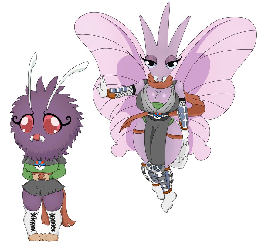 accessory antennae_(anatomy) anthro armwear big_breasts black_clothing blue_eyes bottomwear breasts clothed clothing duo eyelashes female floating footwear fur green_clothing legwear pokeball purple_body purple_fur red_eyes scarf shirt shoes shorts simple_background teeth topwear tunic white_background wings urusee584 nintendo pokemon generation_1_pokemon pokemon_(species) venomoth venonat hi_res