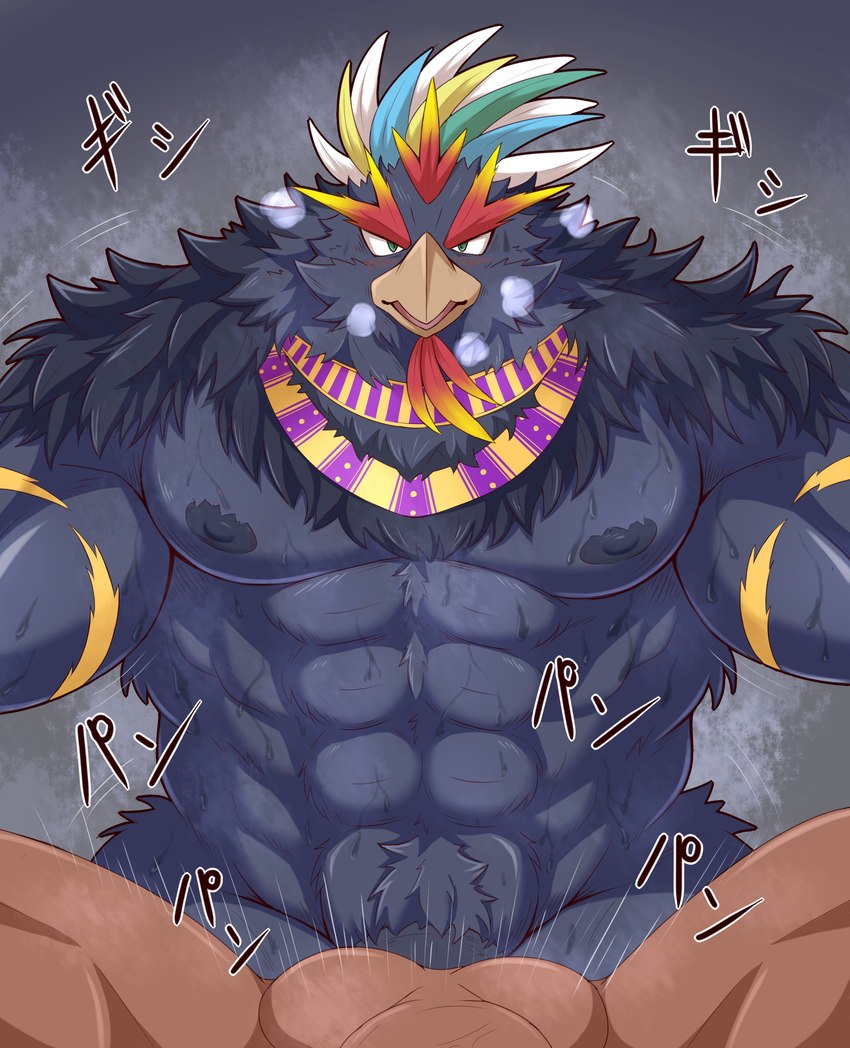 abs anal anal_penetration anthro anthro_penetrating anthro_penetrating_human balls beak beard big_balls big_dom_small_sub big_muscles big_nipples big_pecs big_penis black_body black_feathers blonde_hair blue_hair blush bodily_fluids dominant dominant_anthro dominant_male duo erection eye_contact facial_hair feathers first_person_view genitals green_hair hair human_on_anthro human_penetrated human_pov interspecies jewelry larger_anthro larger_male looking_at_another looking_at_viewer male male/male male_penetrated male_penetrating male_penetrating_male multicolored_hair muscular muscular_anthro muscular_male musk neck_tuft necklace nipples nude open_beak open_mouth pecs penetrated_pov penetration penile penile_penetration penis penis_in_ass pubes receiving_pov sex size_difference smaller_human smaller_male smaller_penetrated submissive submissive_human submissive_male submissive_pov sweat text tuft white_hair chocobo4869 crave_saga yachirud_(crave_saga) avian bird corvid corvus_(genus) crow human mammal oscine passerine absurd_res hi_res japanese_text